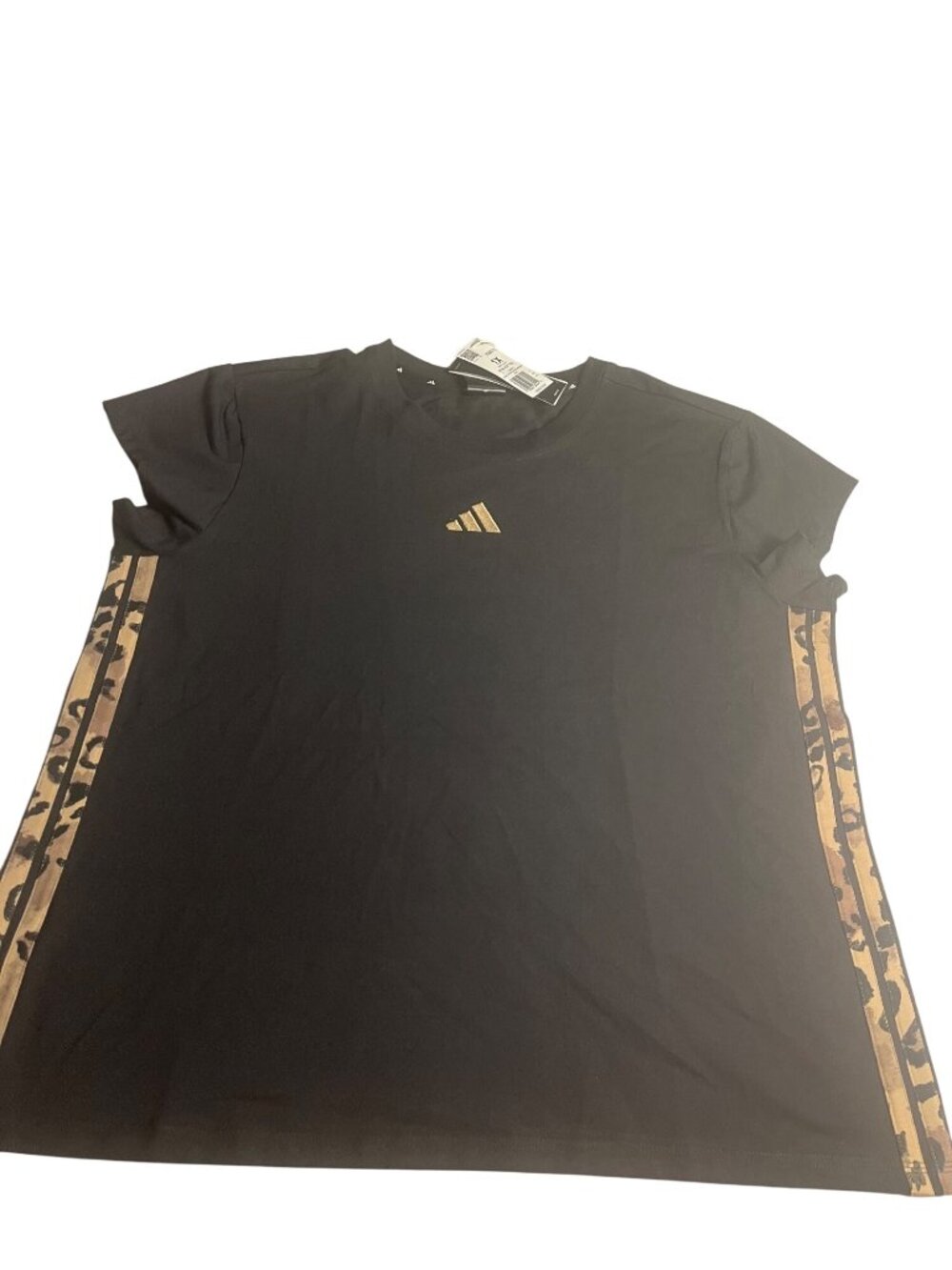 Adidas Womens Black & Gold Logo Tee Leopard Print Side Stripes 1X Activewear